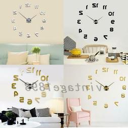 1x Large Number Wall Clock 3D Mirror Sticker Modern Home Off