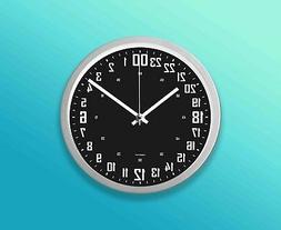 24 Hours wall clock 9&rdquo;  Round Silver, Black Face. Military