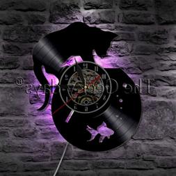 Adorable Cat and Fishbowl Wall Clock Cat Catch Fish Vinyl Re
