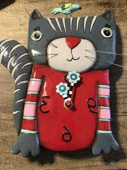Allen Designs Cat Clock Wall Gray Red Pink Sweater Blue Bird