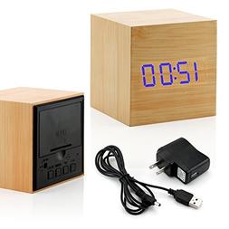 Bamboo LED Clock Square Cube Digital Alarm Thermometer Timer