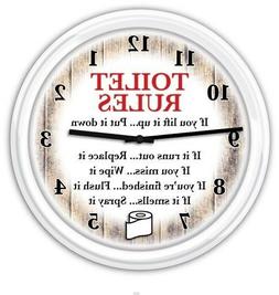 Bathroom Wall Clock - Rustic Country Decor Toilet Rules  Hum
