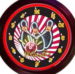 Bowling Ball & Pins Neon Clock 15 Inch Office Game Room Bar 
