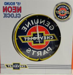 Chevrolet Genuine Parts 15" Neon Light Clock Sign Garage Yel