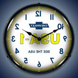 CHEVROLET USA-1 14 INCH BACKLIT LED LIGHTED WALL CLOCK RETRO