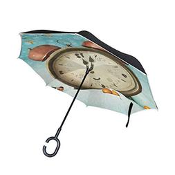 ALAZA Christmas Clock Bird Snow Winter Inverted Umbrella, La