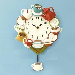 Coffee Cups Design w/ Pendulum Colorful Wall Clock Kitchen H