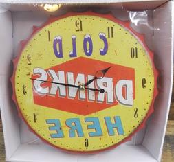 Cold Drinks Here Bottle Cap Style 14" Battery Operated Clock