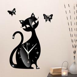 Creative Cartoon Cute Black Cat Wall Clock Home Decor Acryli