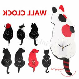 Creative Wall Clock Cat Dog Shape Wagging Tail Battery Opera