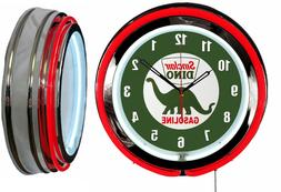 Sinclair Dino Gasoline 19" Double Neon Clock Red Neon Chrome