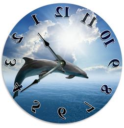 DOLPHINS AND BLUE SKY CLOUDS CLOCK Large 10.5 inch Round Wal