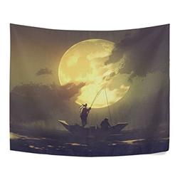 ALAZA Fishermen Fishing Rod on Boat and Big Moon Polyester F