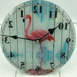 Glass Flamingo Wall Clock, Colorful Tropical Themed, Wading 