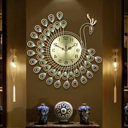 Gold Diamond Peacock Wall Clock Metal Watch for Home Living 
