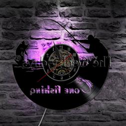 Gone Fishing Wall Clock Fish Rod Fisherman Vinyl Record Wall
