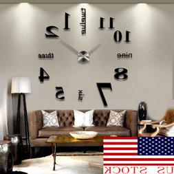 HOT! US DIY  3D Mirror Surface Large Number Wall Clock Stick