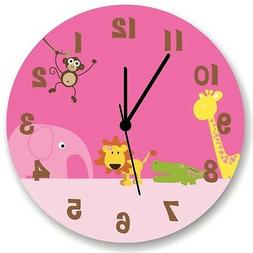 Jungle Animal Safari Pink Wall Clock for Girls Bedroom, Nurs