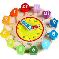 Kids Wooden Clock Shape Sorting Educational Preschool Puzzle