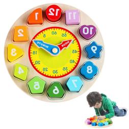 Kids Wooden Clock Shape Sorting Educational Preschool Puzzle