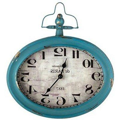 Large Antique Teal Oval Metal Wall Clock with Top Handle.Fun