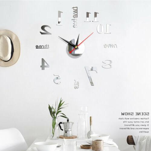 US Modern Large Wall Clock 3D Mirror Sticker Big Number Watc
