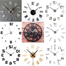 Large Size Wall Clock 3D Sticker Mirror Big Watch DIY Home D