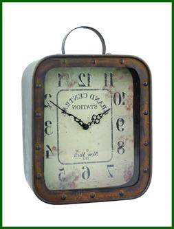 Large Square Rustic Metal Table Top Clock W Handle & Rivet D