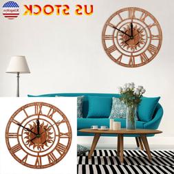 Large Vintage Wall Clock Wooden Rustic Silent Non Ticking Wa
