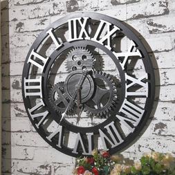 Large Wall Clock Antique 3D Gear Retro Roman Numerals Silent
