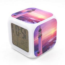Led Alarm Clock Lighthouse Sunset Creative Digital Table Clo