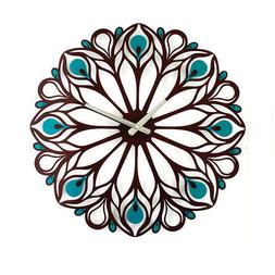 Metal Wall Clock Modern Unique Large Unusual Brown Peacock F