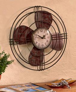 Metal Wall Clock Vintage Fan Home Decor Large Battery Operat