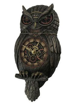 Metallic Bronze Finished Steampunk Owl Pendulum Wall Clock