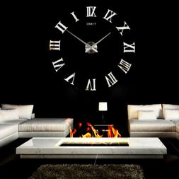 Modern Large DIY Wall Clock 3D Mirror Roman Numerals Surface