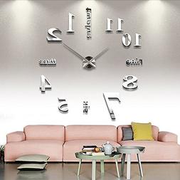 Qpower Modern Mute DIY Large Wall Clock 3D Sticker Home Offi