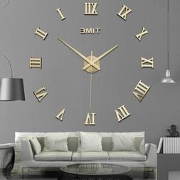 New Modern DIY 3D Large Wall Clock Mirror Surface Sticker Ar
