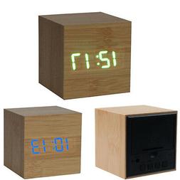 New Square Digital LED Bamboo Wood Desk Alarm Clock For Bedr