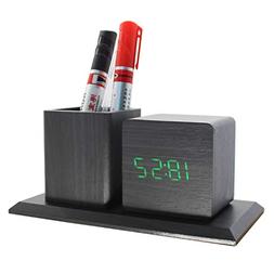 GO HAND Pen Holder Wooden LED Digital Alarm Clock Electronic