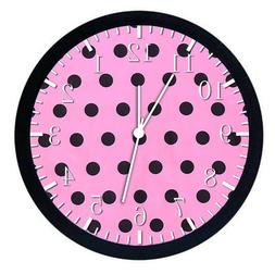 Pink Polka Dot Black Frame Wall Clock Nice For Decor or Gift