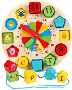 Preschool Shape Sort Clock Wooden Kid Teaching Learning Cloc