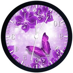 Purple Butterfly Black Frame Wall Clock Nice For Decor or Gi