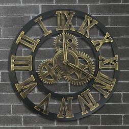 Retro Large Wall Clock Giant 3D Roman Numeral Gear Silent Ou