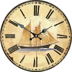 Retro Round Wooden Wall Clock Sailing Boat Ocean For Home Of