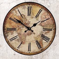 HUABEI Retro Wall Clock, Vintage World Compass Map Travel Lo