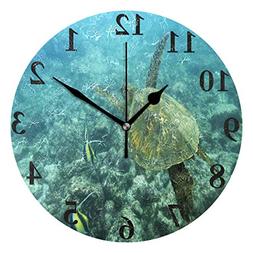 FunnyCustom Round Wall Clock Deep Sea Swimming Turtle Acryli