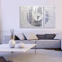 Extra Large Silver & White Metal Wall Clock - Modern Abstrac
