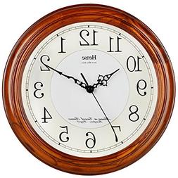 HENSE 13-inch Large Solid Platane Wood Wall Clock Living Roo