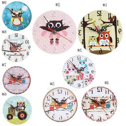 Vintage Style Round Wall Clock Wooden Silent Owl Print Clock