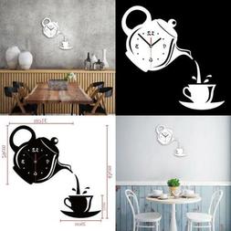 Wall Clock Mirror Effect Coffee Cup Shape Decorative Kitchen